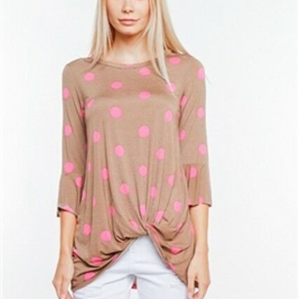 WATERMELON Raw Hem Sleeve Blouse Pink Polkadot Twisted Knot Large Top